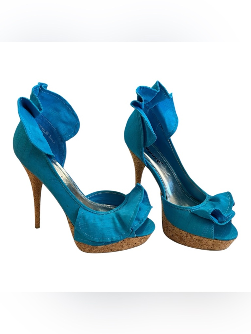 Dollhouse Satin Stiletto Cork Heels Y2K Teal Ruffled Platform Peep Toe Size 9